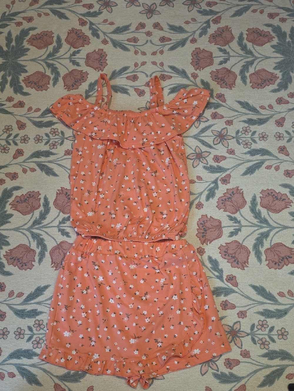 Girls' Orange Floral Ruffle Romper - Cute Summer Matching Set